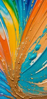 Vibrant, swirling abstract wallpaper in orange, teal, and blue hues.