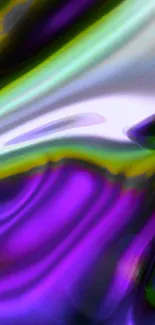 Vibrant abstract phone wallpaper with purple, green, and silver swirls.