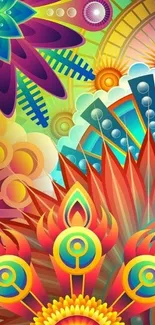 Vibrant abstract wallpaper with geometric and floral designs.