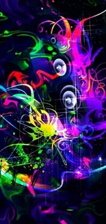 Vibrant abstract wallpaper with neon colors and dynamic swirls.