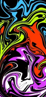 Vibrant abstract mobile wallpaper with colorful swirls on a black background.