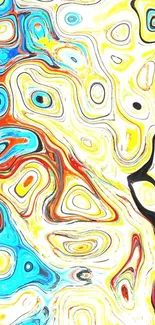 Colorful abstract phone wallpaper with yellow, blue, and orange swirls.