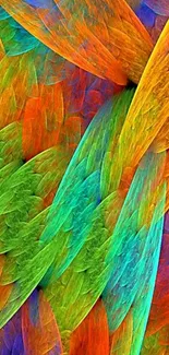 Vibrant abstract mobile wallpaper with colorful feather design.