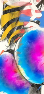 Dynamic abstract phone wallpaper with vibrant blue, pink, and yellow colors.