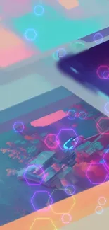 Vibrant abstract wallpaper with neon hexagons and devices.