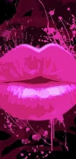 Vibrant abstract pink lips with splattered paint design on wallpaper.