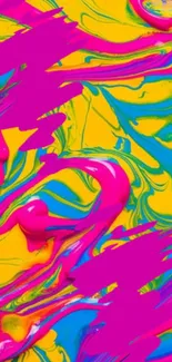 Vibrant abstract wallpaper with fluid pink, blue, and yellow patterns.