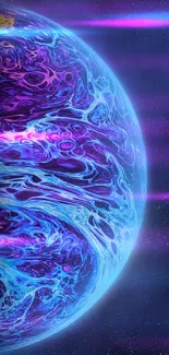 Vivid abstract planet in blue and purple hues on a cosmic background.