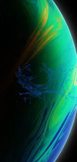 Abstract planet design with vibrant colors in blue, green, and yellow hues.