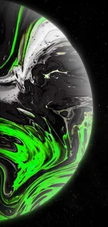 Abstract black and green planet wallpaper with cosmic swirl.