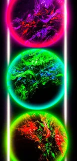 Mobile wallpaper with neon-colored abstract planets on a dark background.