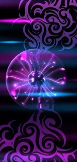 Vibrant purple plasma sphere with decorative patterns on black background.