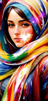 Vibrant abstract portrait with colorful brush strokes.