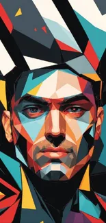 Abstract geometric portrait with vibrant colors and bold shapes.