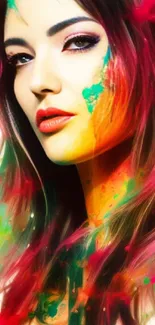 Vibrant abstract portrait wallpaper with colorful paint splashes.