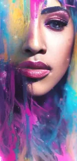 Vibrant abstract portrait with colorful paint splashes on a mobile wallpaper.