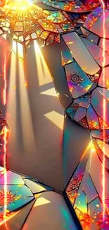 Vibrant abstract prism wallpaper with colorful shards and sunlight rays.