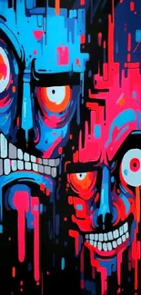 Psychedelic art with vibrant abstract faces in blue and red hues.