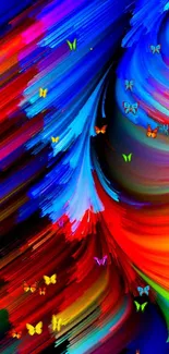 Colorful abstract wallpaper with vibrant blue, red, and rainbow brush strokes.