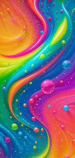 Vibrant abstract rainbow wallpaper with swirling colors and bubbles.