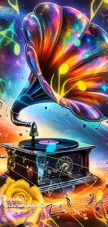 Colorful abstract art of a retro record player with musical notes.