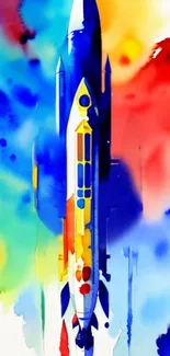 Vibrant abstract rocket wallpaper with colorful splashes.