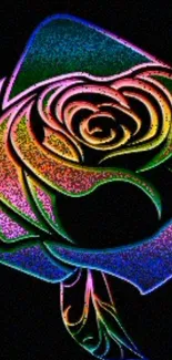 Vibrant abstract rose with neon colors on black background.