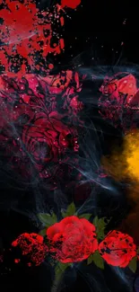 Mobile wallpaper with red roses, abstract art, and smoky accents on a black background.