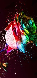 Vibrant abstract rose with colorful petals on a dark background.