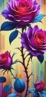 Vibrant abstract roses on a colorful geometric background wallpaper.