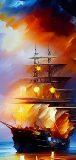 Colorful abstract ship painting on ocean