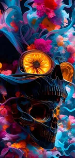 A surreal skull with vibrant colors and swirling patterns in a fantasy artwork.