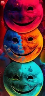 Vibrant abstract smiley faces in rainbow hues.