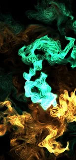 Vibrant abstract smoke art wallpaper with turquoise and yellow hues.