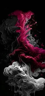 Vibrant pink and white smoke on black background mobile wallpaper.