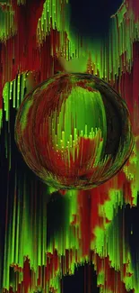 Abstract wallpaper with vibrant green and red tones, featuring a central sphere.