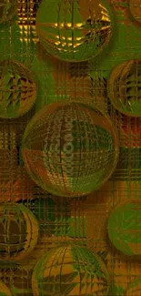 Abstract 3D spheres with green and gold design