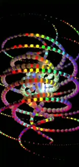 Vibrant abstract spiral with multicolored geometric patterns on black background.