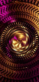 Abstract spiral design with gold and purple colors in a geometric pattern.