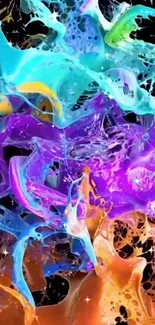 Vibrant abstract splash art with colorful waves on black background.