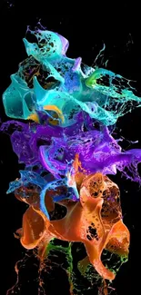 Vibrant abstract splash art mobile wallpaper with colorful splashes on black background.