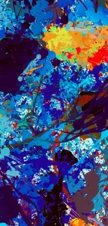 Vibrant abstract splash wallpaper in blue, yellow, and orange hues.