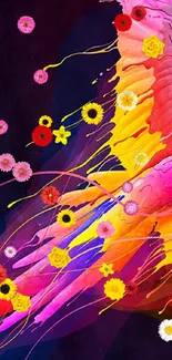 Vibrant abstract splash wallpaper with bold pink and yellow paint strokes.