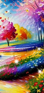 Colorful abstract landscape painting with vibrant spring colors and floral scenery.