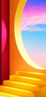 Vibrant abstract wallpaper with orange stairs and sky view.