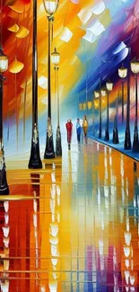 Vibrant and colorful abstract street scene with lamppost reflections.