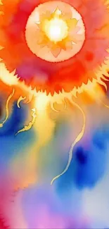 Vibrant abstract sunburst in orange and blue watercolor design.