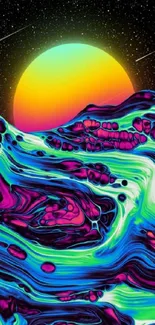 Vibrant abstract sunset with neon colors and starry background.