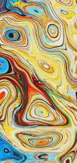 Colorful abstract swirl art wallpaper with yellow and blue hues.