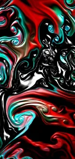 Vibrant red, black, and teal abstract swirl wallpaper.